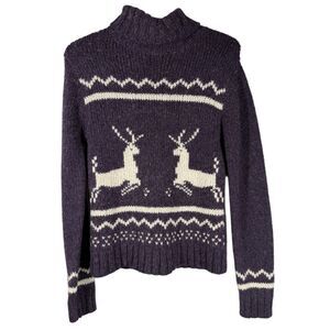 Vtg Y2k Kenzie Womens Purple Fair Isle Sweater Sz M Nordic Reindeer Turtle Neck
